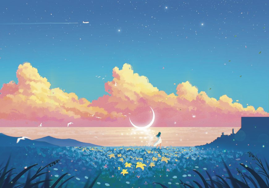 白裙少女花田新月海边绘画创意电脑壁纸