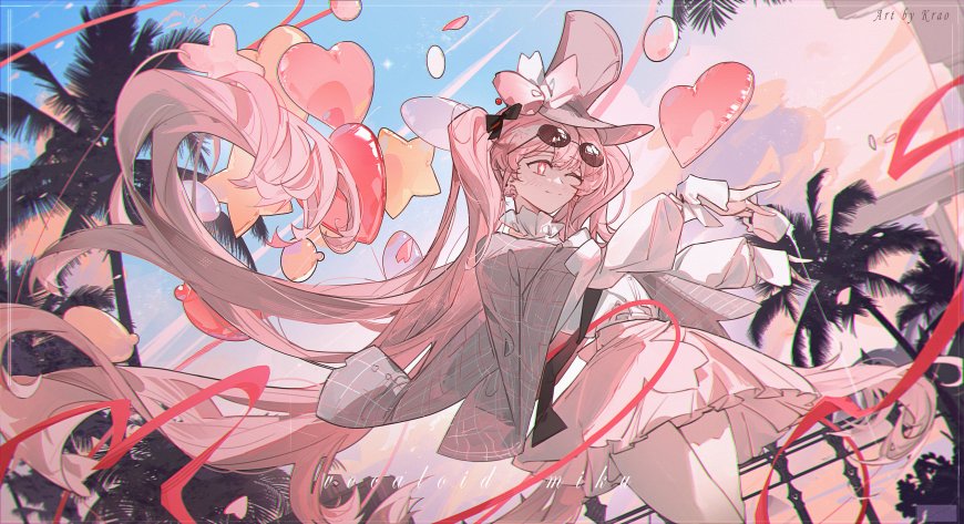 初音未来礼帽回眸双马尾少女二次元动漫电脑壁纸