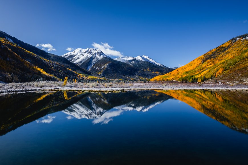 秋林雪山倒映湖面摄影风景电脑壁纸
