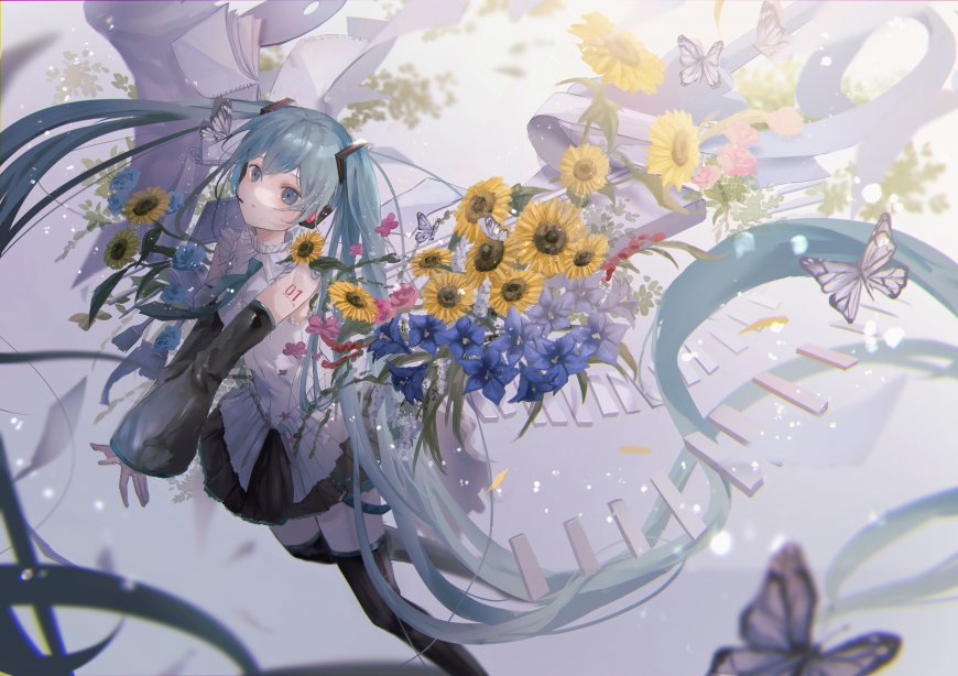 初音未来双马尾向日葵钢琴二次元动漫电脑壁纸
