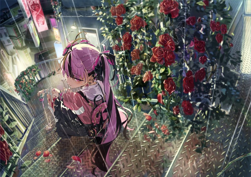 双马尾粉发少女雨夜玫瑰二次元动漫电脑壁纸