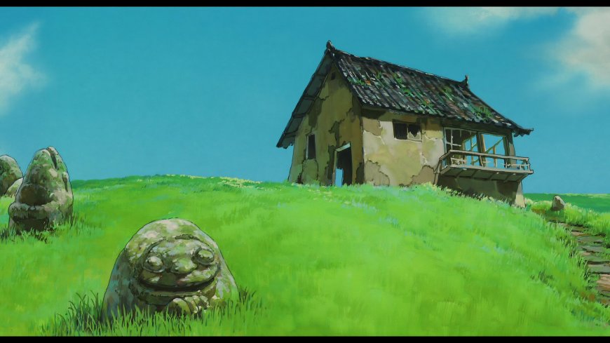 绿丘石像荒屋晴空二次元风景电脑壁纸