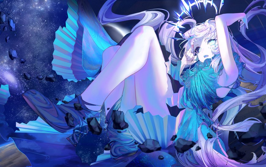 星空漂浮紫发花裙少女二次元动漫电脑壁纸