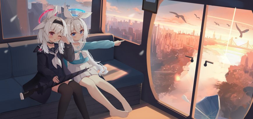 蔚蓝档案白发JK制服夕阳车窗游戏电脑壁纸