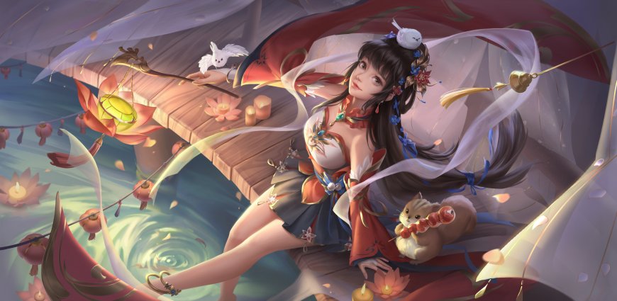 河灯少女桥边红袖夜色动漫电脑壁纸