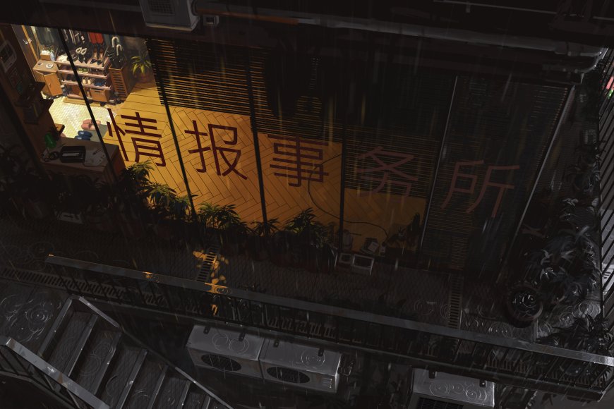 雨夜石阶屋窗绿植数字绘风景电脑壁纸