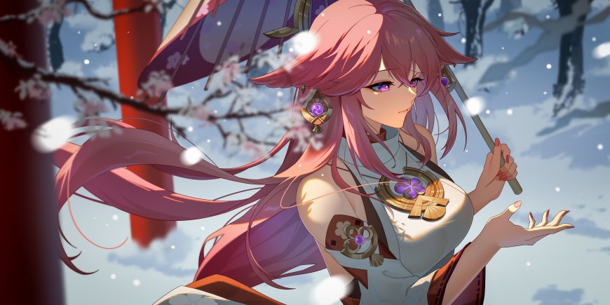 原神八重神子雪中鸟居狐耳游戏电脑壁纸