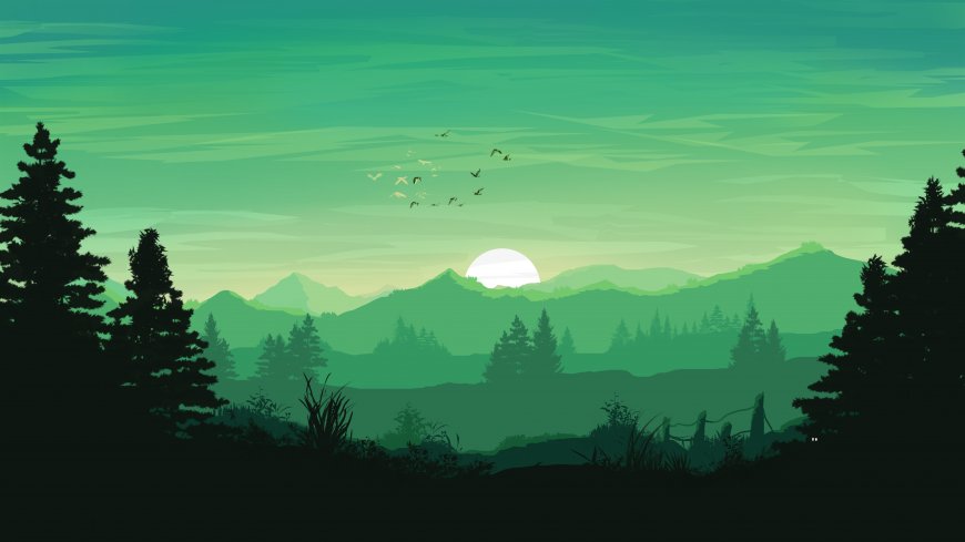 绿色层叠山峦日月剪影绘画创意电脑壁纸