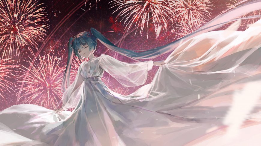 初音未来双马尾白裙烟花夜二次元动漫电脑壁纸