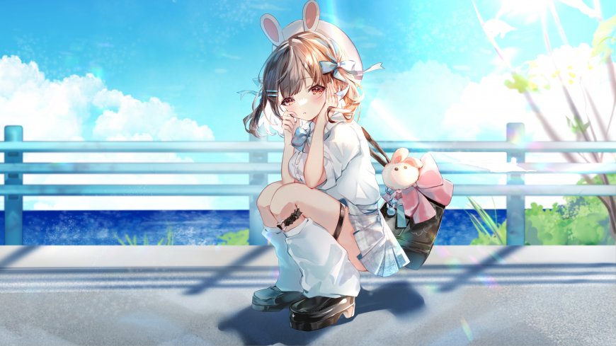 海边蹲姿JK制服清纯少女二次元动漫电脑壁纸