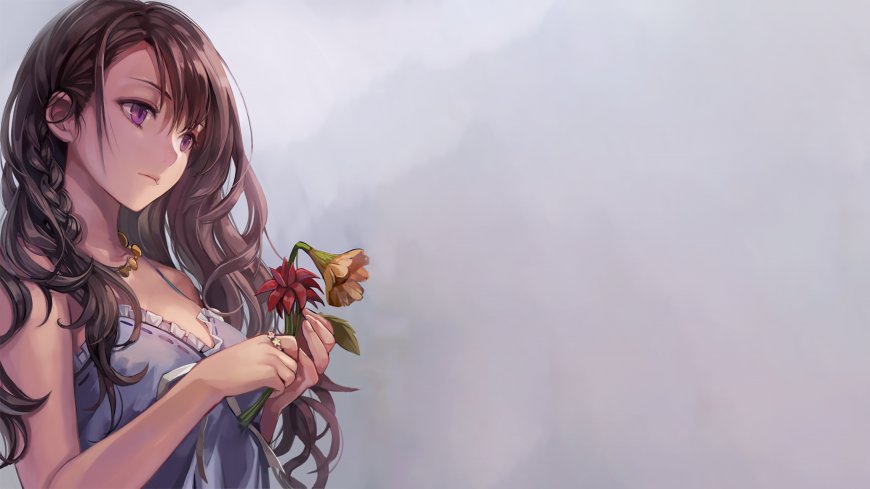 褐发紫瞳少女持花二次元动漫电脑壁纸