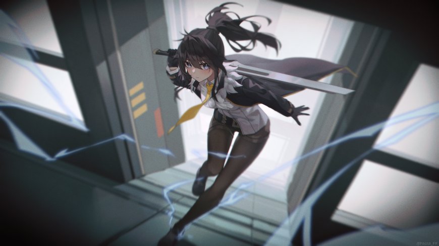 马尾少女持剑冲刺JK制服二次元动漫电脑壁纸