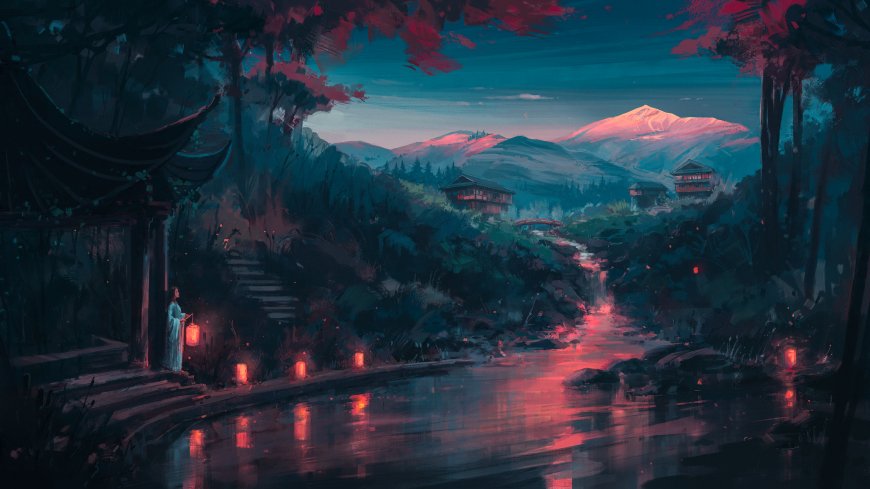 鸟居木桥灯笼山林倒影二次元风景电脑壁纸