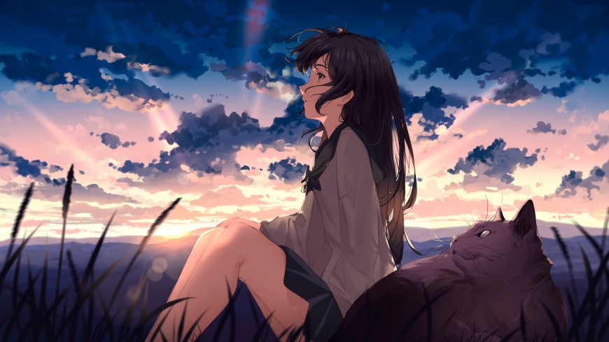 夕阳草地JK制服少女二次元动漫电脑壁纸
