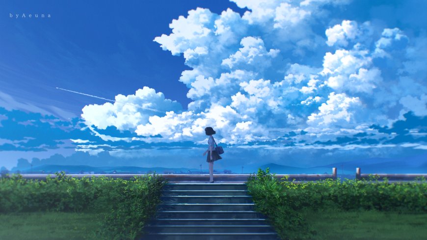 夏日积云JK制服少女远眺二次元风景电脑壁纸