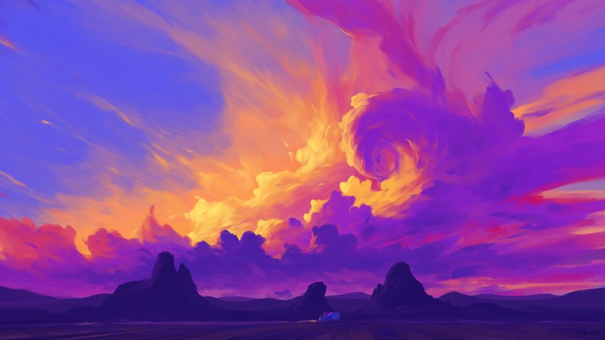 紫橙晚霞戈壁剪影云海风景绘画电脑壁纸