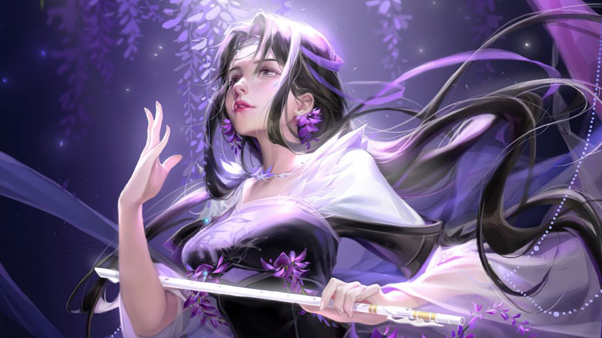 紫藤长笛古装美女仰望创意电脑壁纸