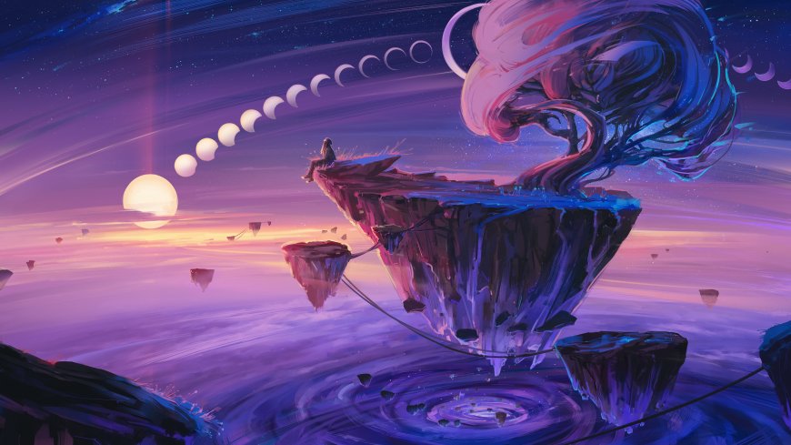 紫雾浮岛月相孤影奇幻创意电脑壁纸