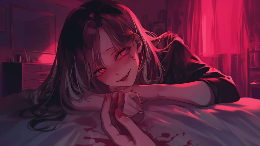 原创暗黑系红调卧室病娇少女趴床插画动漫电脑壁纸