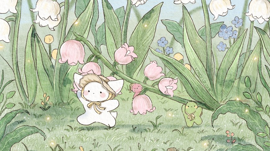 手绘风铃兰花丛戴草帽小白猫治愈系插画电脑壁纸