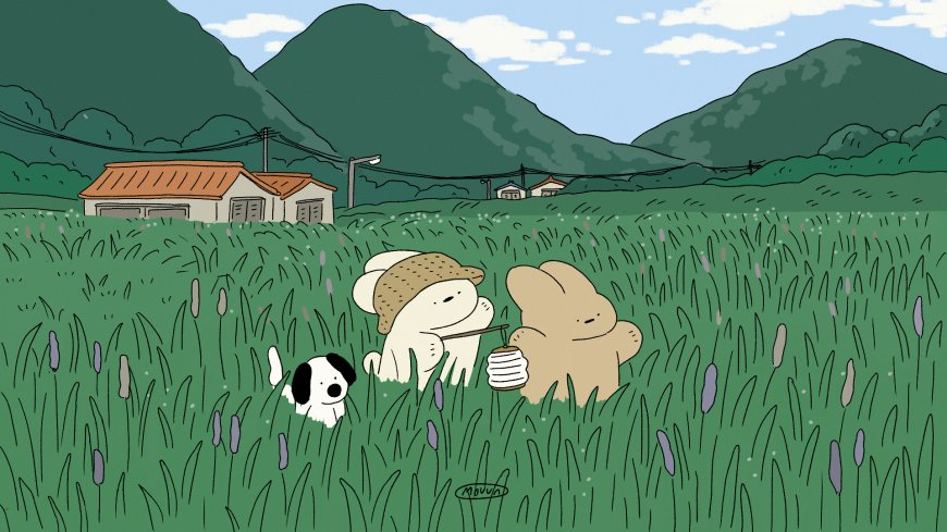 Moyu原创治愈系田园兔子小狗提灯笼山野插画电脑壁纸