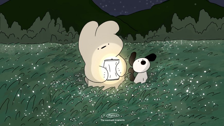 Moyu原创治愈系月夜草地兔子小狗提灯插画电脑壁纸