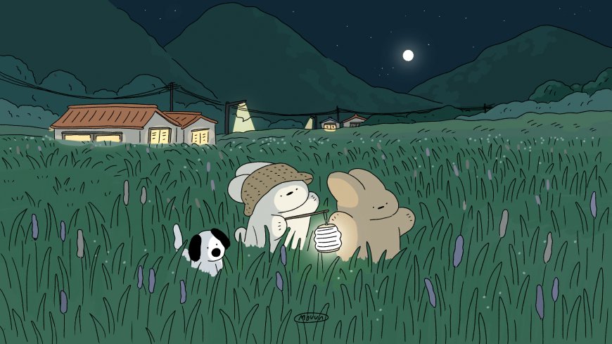 Moyu原创治愈系月夜田园兔子小狗提灯笼山野插画电脑壁纸