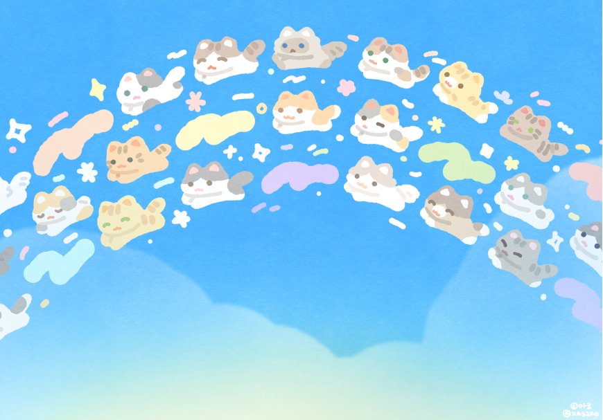XASAKO治愈系蓝天彩虹云朵猫咪群像插画电脑壁纸