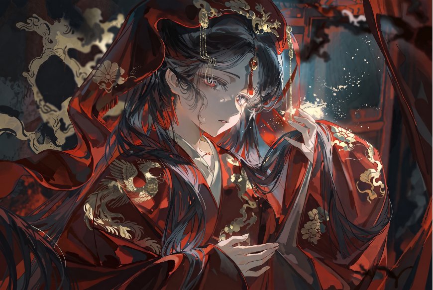 原创古风红嫁衣金凤刺绣少女落泪中式美学插画电脑壁纸