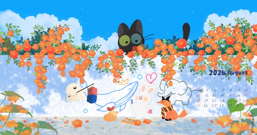 橙花藤蔓黑猫幽灵兔子狐狸八月日历治愈插画电脑壁纸