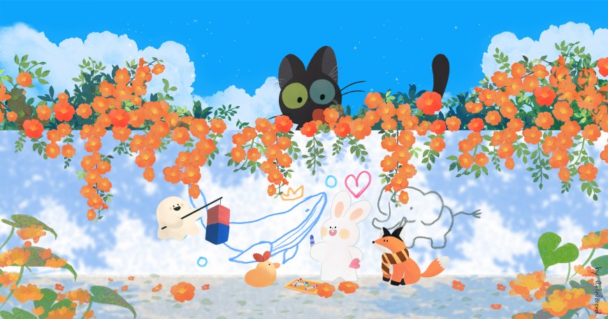 蓝天橙花墙绘黑猫小动物童趣清新插画电脑壁纸