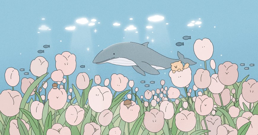 原创治愈系鲸鱼游过粉色郁金香花海小熊插画电脑壁纸