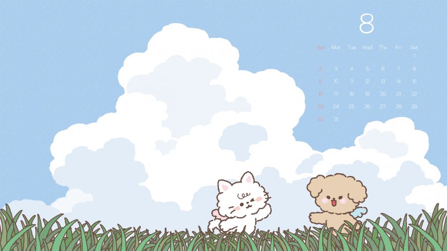 蓝天白云草地小白猫小狗八月日历治愈插画电脑壁纸