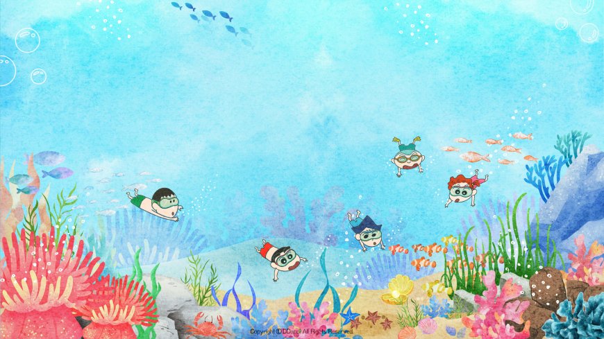 蜡笔小新春日部防卫队水彩风海底潜水珊瑚群动漫电脑壁纸