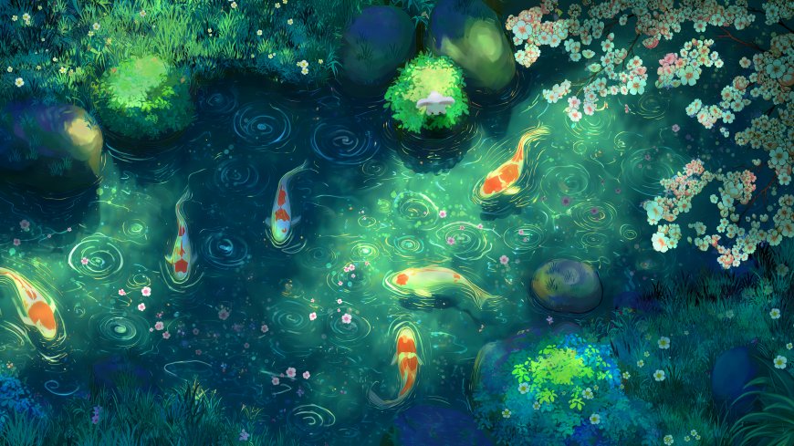 梦幻雨夜池塘锦鲤樱花涟漪发光小兔唯美插画电脑壁纸