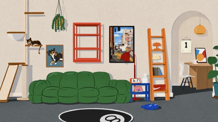 原创治愈系温馨客厅绿沙发猫咪家居插画电脑壁纸