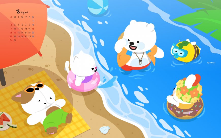 可爱卡通动物海边游泳冲浪八月日历插画电脑壁纸