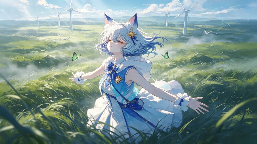 原创清新系蓝发兽耳少女风车草原蝴蝶治愈插画电脑壁纸