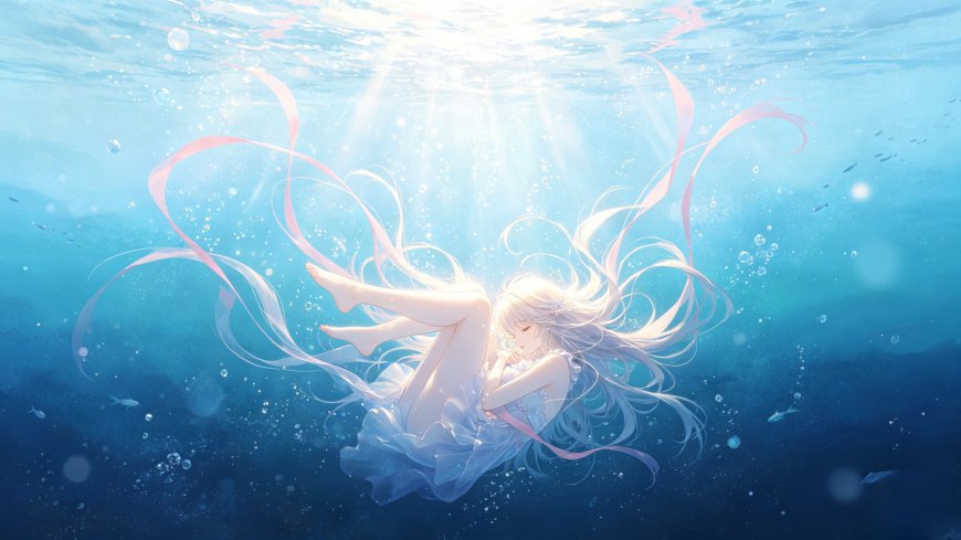 原创唯美水下沉睡白发少女光影气泡动漫电脑壁纸