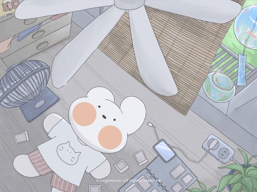 夏日居家吊扇小白熊风扇手机治愈系插画电脑壁纸