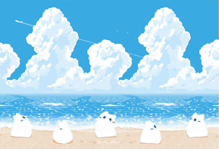 清新夏日蓝天白云沙滩五只白猫治愈插画电脑壁纸