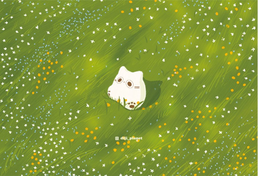 治愈系绿野繁花丛中探头小白猫唯美插画电脑壁纸