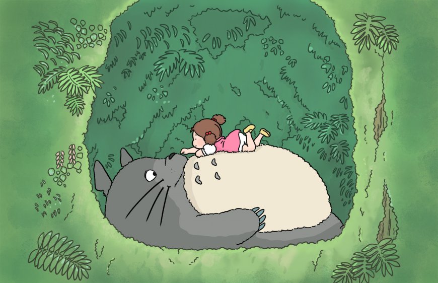 龙猫森林树洞小梅趴大龙猫肚子温馨插画电脑壁纸