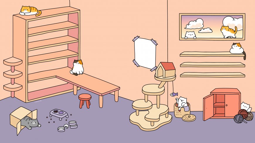 粉橘色猫咪书房书架猫窝纸箱治愈系插画电脑壁纸