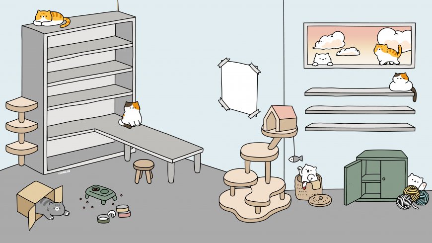 浅蓝墙面可爱猫咪书房书架猫爬架治愈插画电脑壁纸