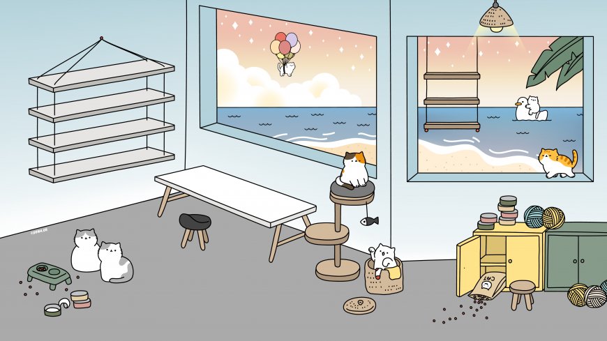 清新蓝调猫咪房间海景窗气球鸭子插画电脑壁纸