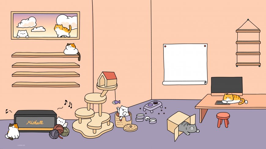 梦幻紫调猫咪房间海景窗气球温馨插画电脑壁纸