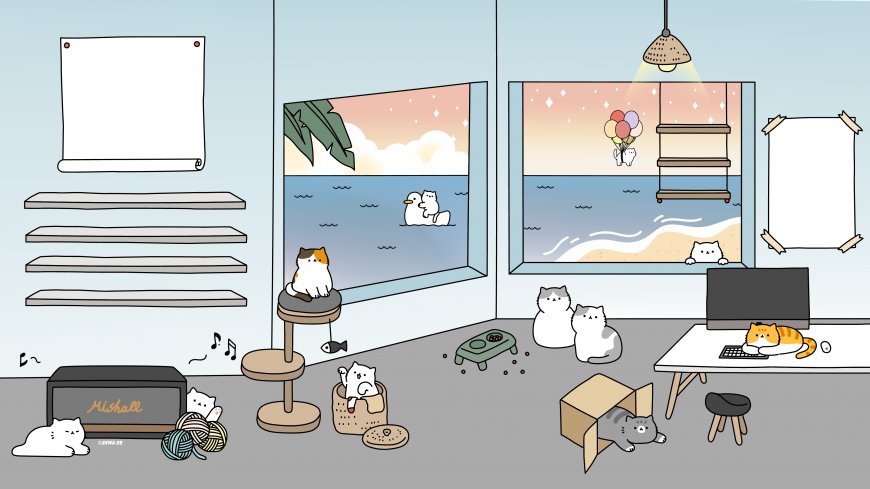 浅蓝调猫咪房间海景窗气球鸭子温馨插画电脑壁纸