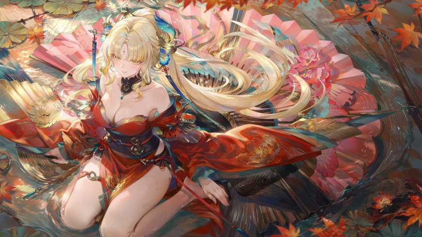 原创华丽金发少女红衣折扇枫叶水面古风动漫电脑壁纸