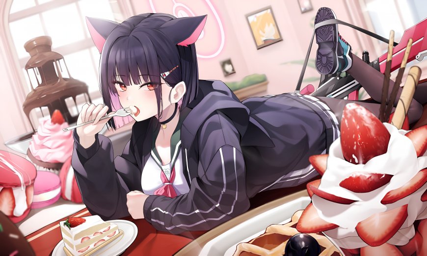 蔚蓝档案杏山和纱甜品店趴桌草莓蛋糕猫耳动漫电脑壁纸